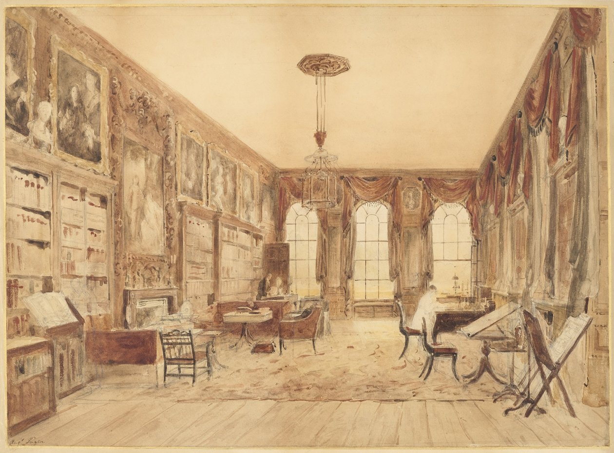 Det indre af biblioteket i Cassiobury af Augustus Charles Pugin