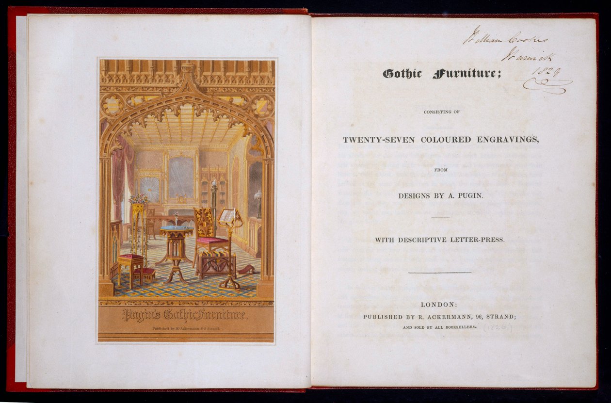 Titelblad og frontispice af gotiske møbler, Pugin, Augustus Charles (1762-1832), 1826 af Augustus Charles Pugin