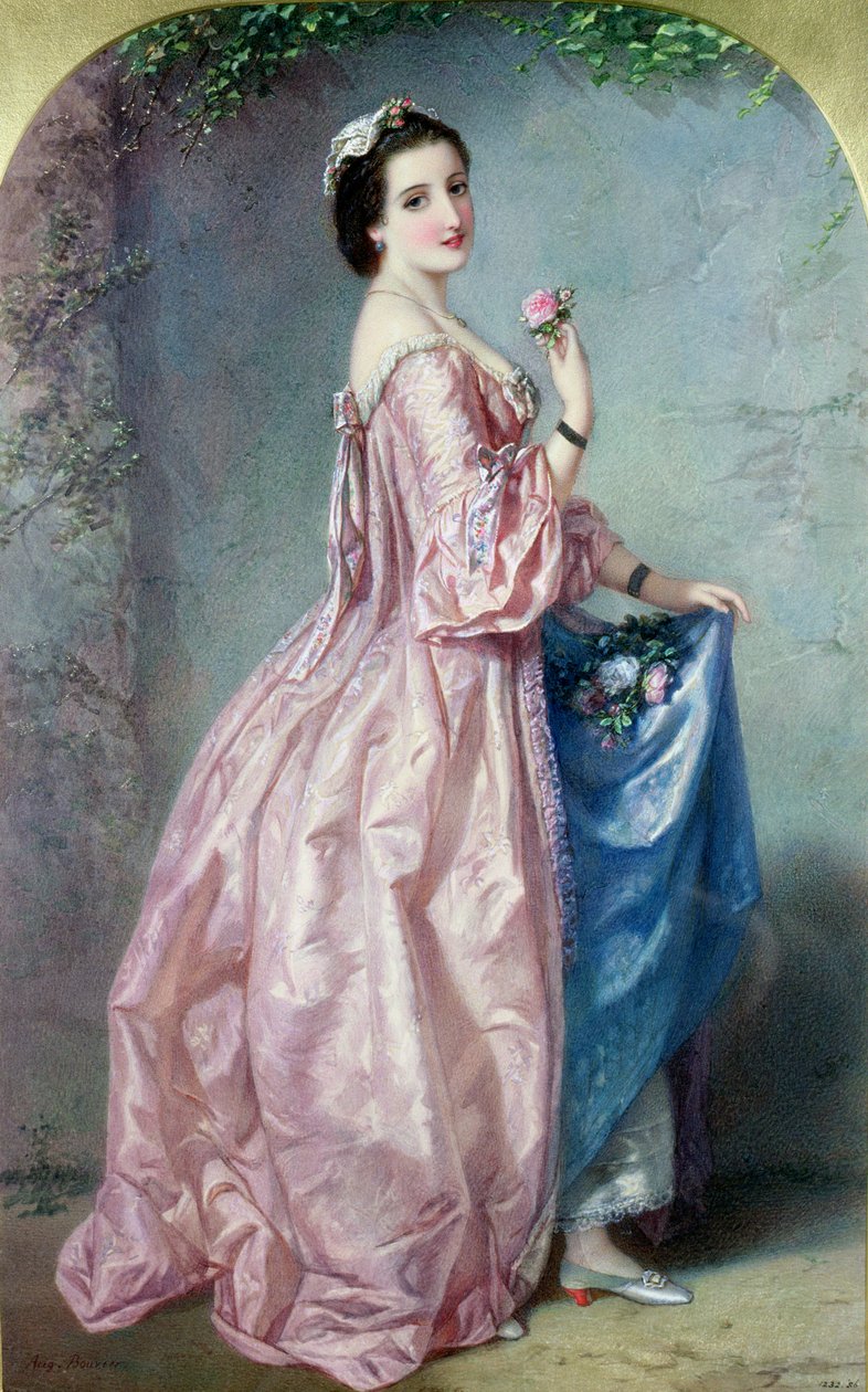Dame holder blomster i sin underkjole, 1800-tallet (akvarel på papir) af Augustus Jules Bouvier