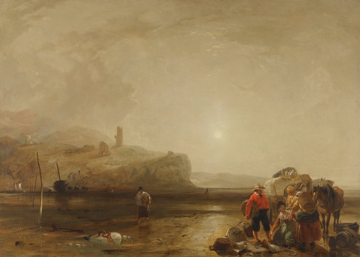 Kystscene med tal forhandler om fisk af Augustus Wall Callcott