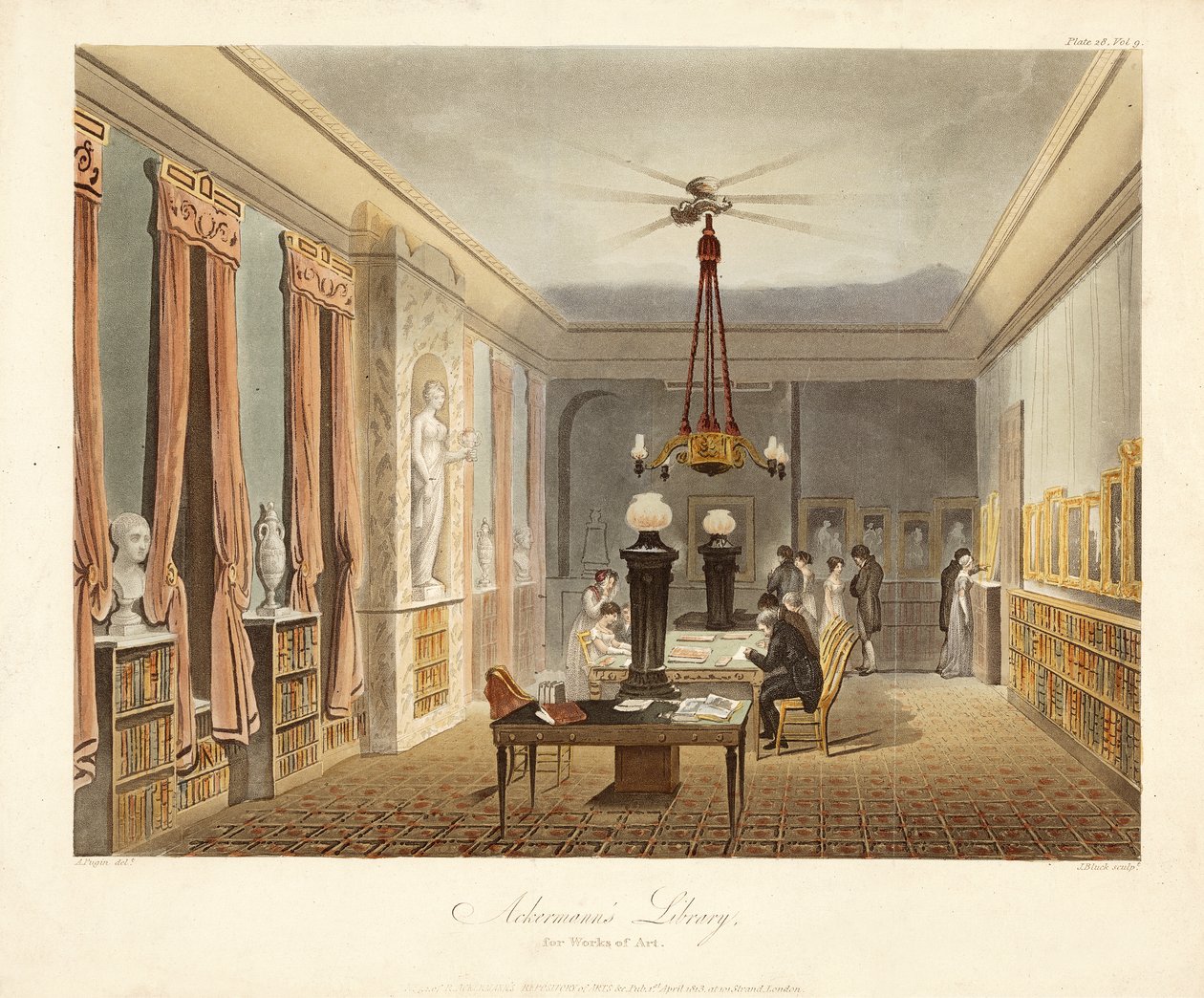 Ackermanns bibliotek for kunstværker, pub. 1815 (håndfarvet gravering) af Augustus Charles (after) Pugin