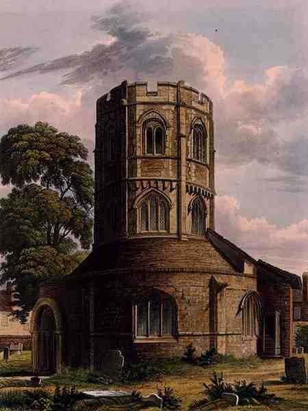 Church of the Holy Sepulchre, Cambridge, fra "The History of Cambridge", graveret af J. Hill, udgivet af R. Ackermann. af Augustus Charles (after) Pugin