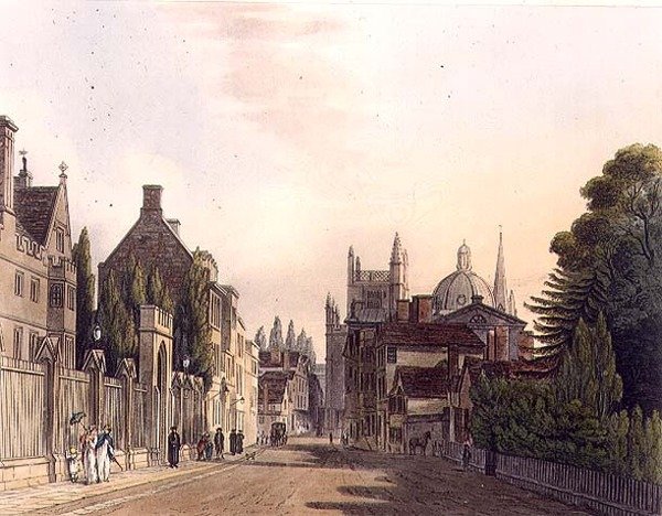 Ydersiden af Wadham Hall set fra parkerne, illustration fra "History of Oxford", graveret af J. Hill, udgivet af R. Ackermann. 1813 (akvatint) af Augustus Charles (after) Pugin