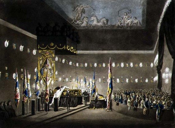 Rester af Lord Viscount Nelson, der ligger i staten i Painted Chamber på Greenwich Hospital, indgraveret af J. Merigot, pub. 1806 (farvegravering) af Augustus Charles (after) Pugin