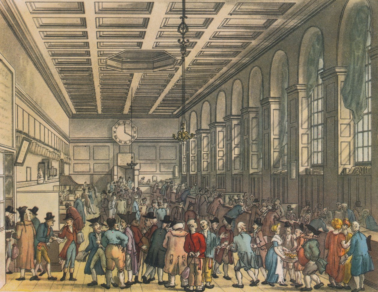 Interiør af Custom House, London, 1808. Kunstnere: Augustus Charles Pugin, Thomas Rowlandson. af Augustus Charles Pugin, Thomas Rowlandson