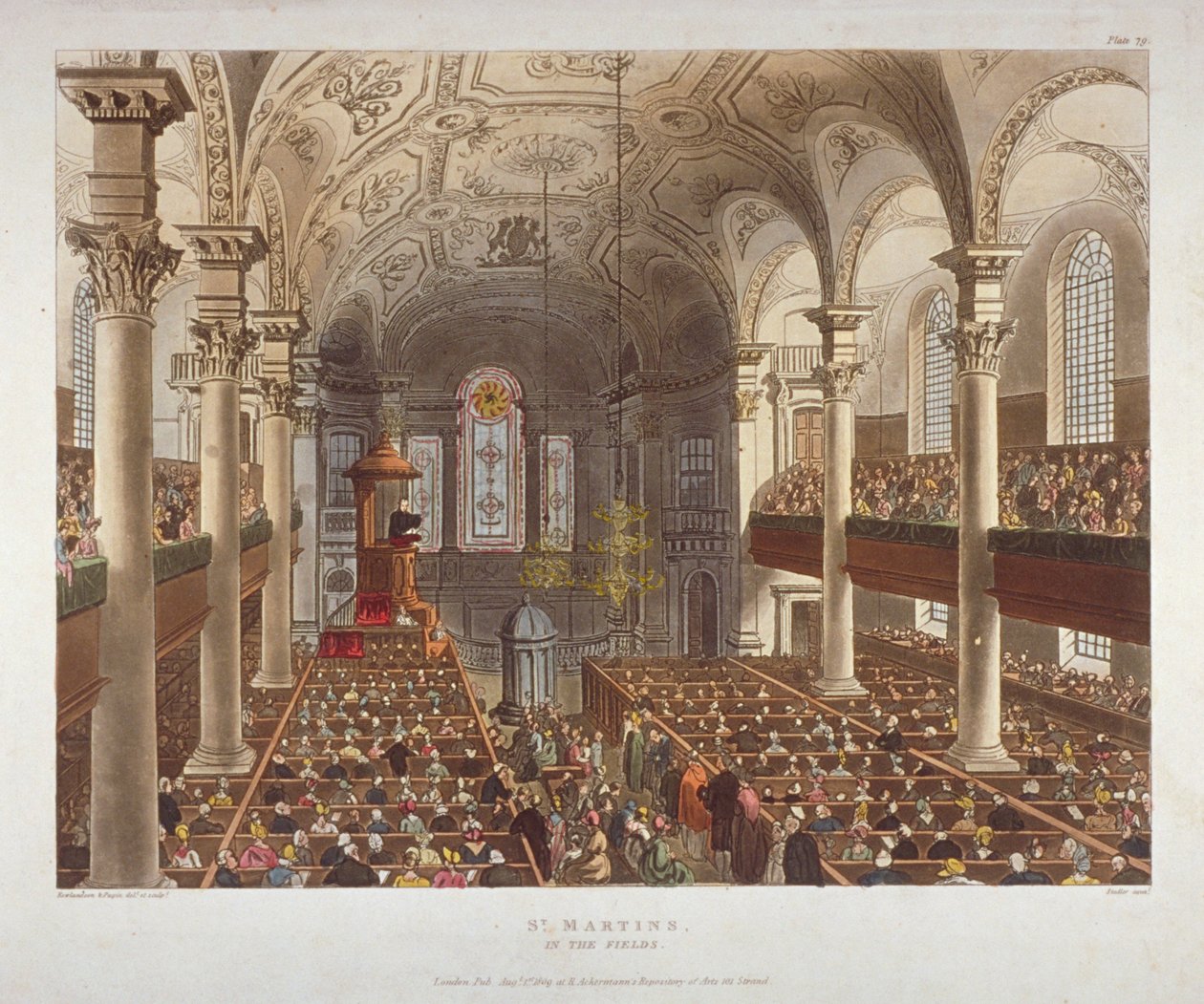 Interiør af Church of St Martin-in-the-Fields, Westminster, London, 1809 af Augustus Charles Pugin, Thomas Rowlandson