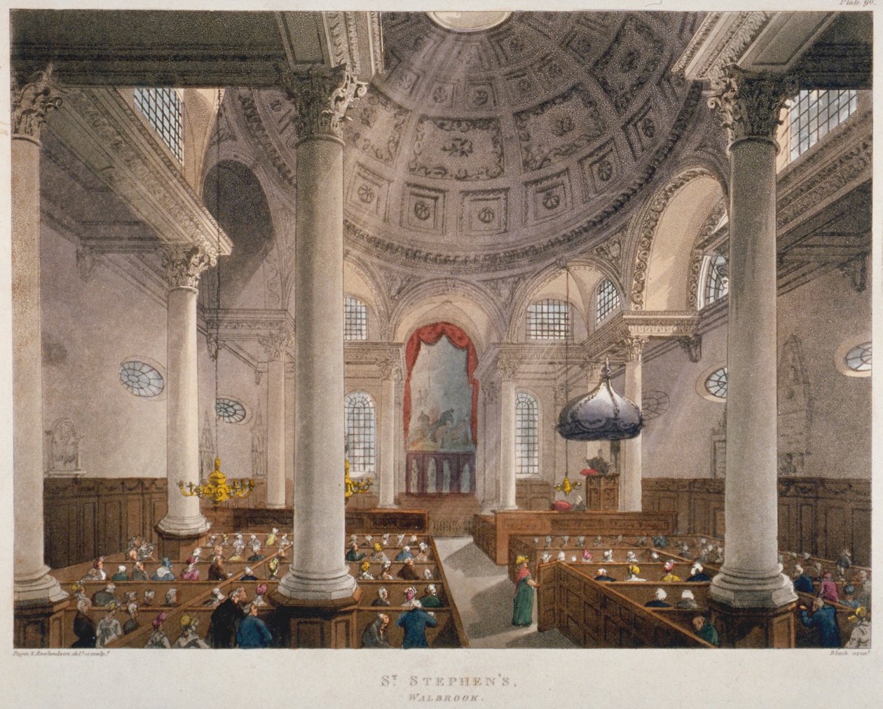Interiør af Church of St Stephen Walbrook under en gudstjeneste, City of London, 1809 af Augustus Charles Pugin, Thomas Rowlandson