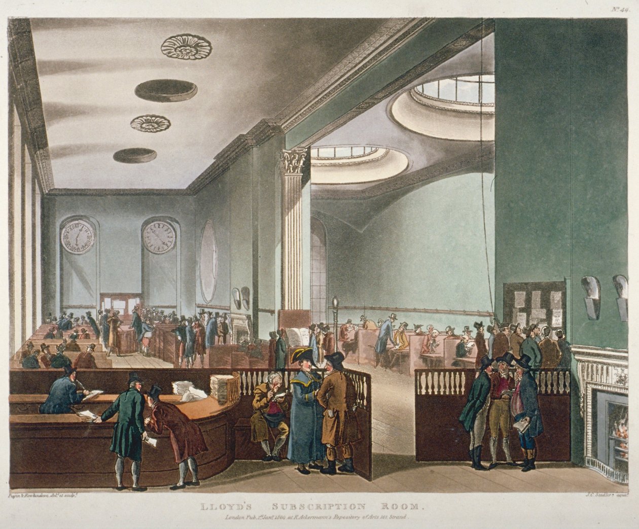 Indvendig visning af Lloyds Subscription Room i Royal Exchange, City of London, 1809 af Augustus Charles Pugin, Thomas Rowlandson