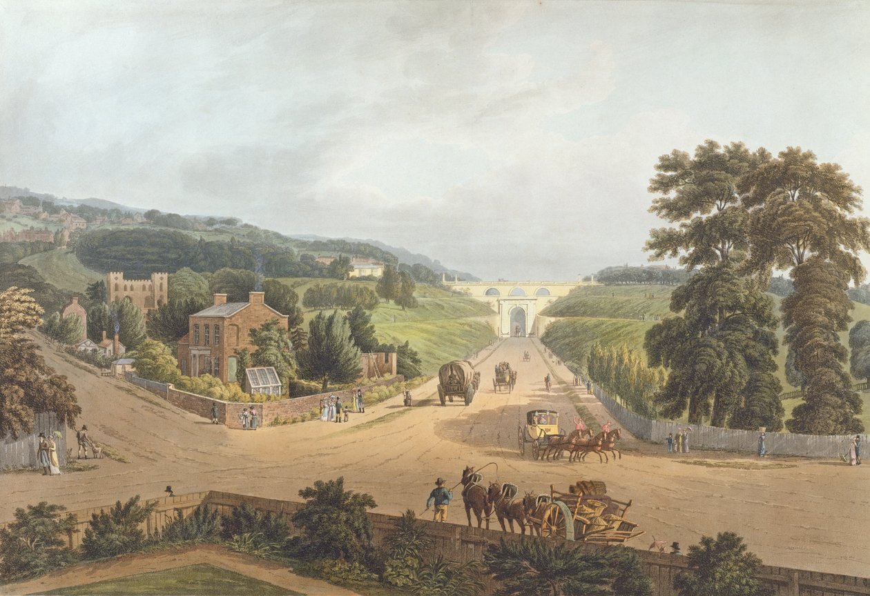A View of the Highgate Archway, 1821, indgraveret af John Hill (1770-1850) (akvatint) af Augustus Charles Pugin
