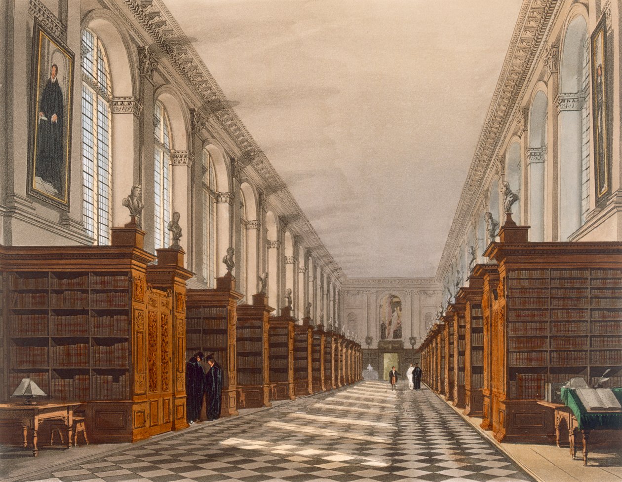 Interiør af Trinity College Library, Cambridge, fra The History of Cambridge, indgraveret af Daniel Havell (1785-1826), pub. af R. Ackermann, 1815 (farveakvatint) af Augustus Charles Pugin