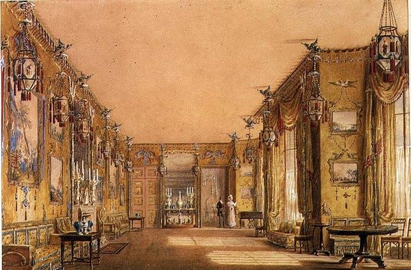 Interiør af den gule tegnestue i Brighton Pavilion, ca. 1820 (akvarel og gouache på papir) af Augustus Charles Pugin