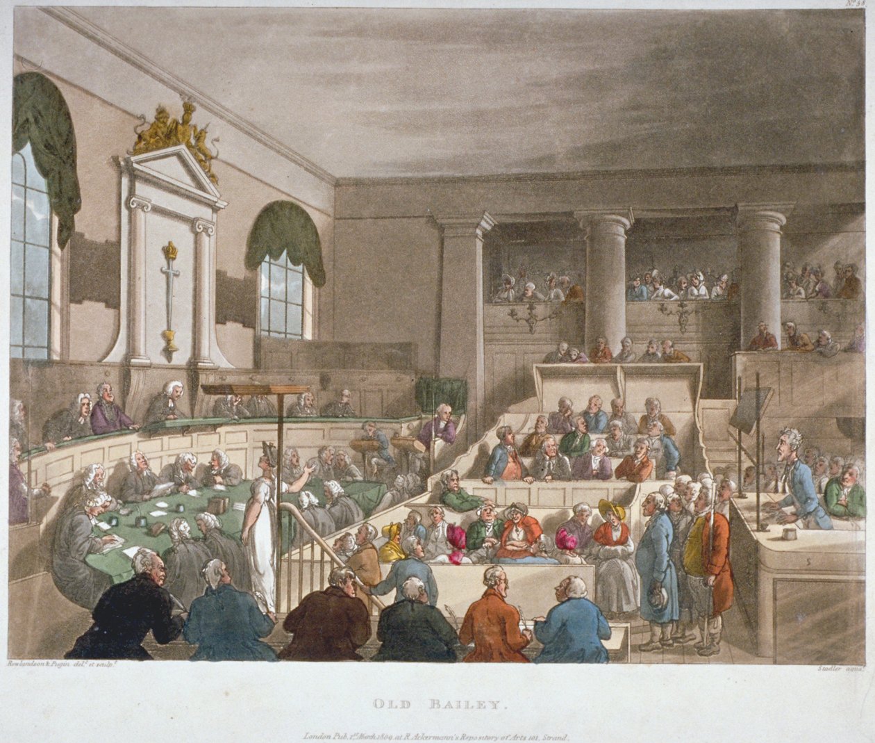 Indvendigt billede af Sessions House, Old Bailey, med en domstol i session, City of London, 1809 af Augustus Charles Pugin
