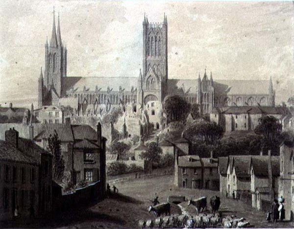 Lincoln Cathedral fra syd af Augustus Charles Pugin