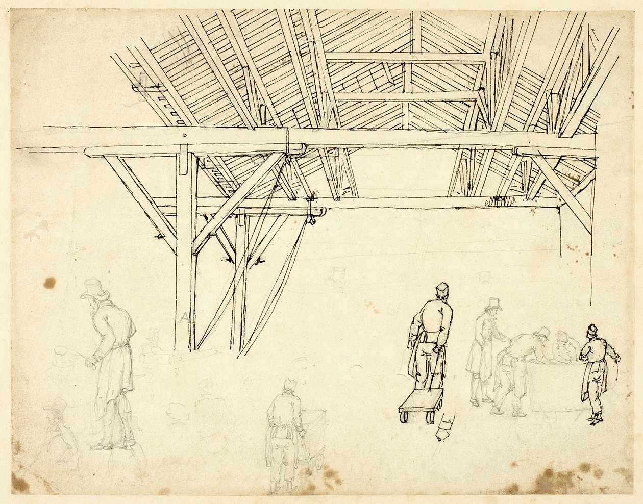 Afvist undersøgelse, muligvis til illustration af Custom House, fra Microcosm of London (recto); Skitser af arbejdere med tønder (verso) af Augustus Charles Pugin