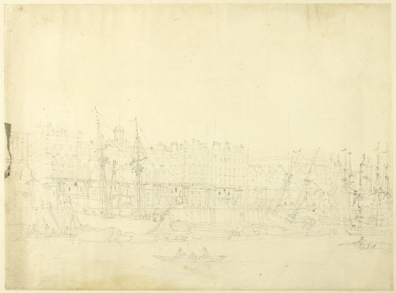 Studie til Custom House, set fra Themsen, fra Microcosm of London af Augustus Charles Pugin
