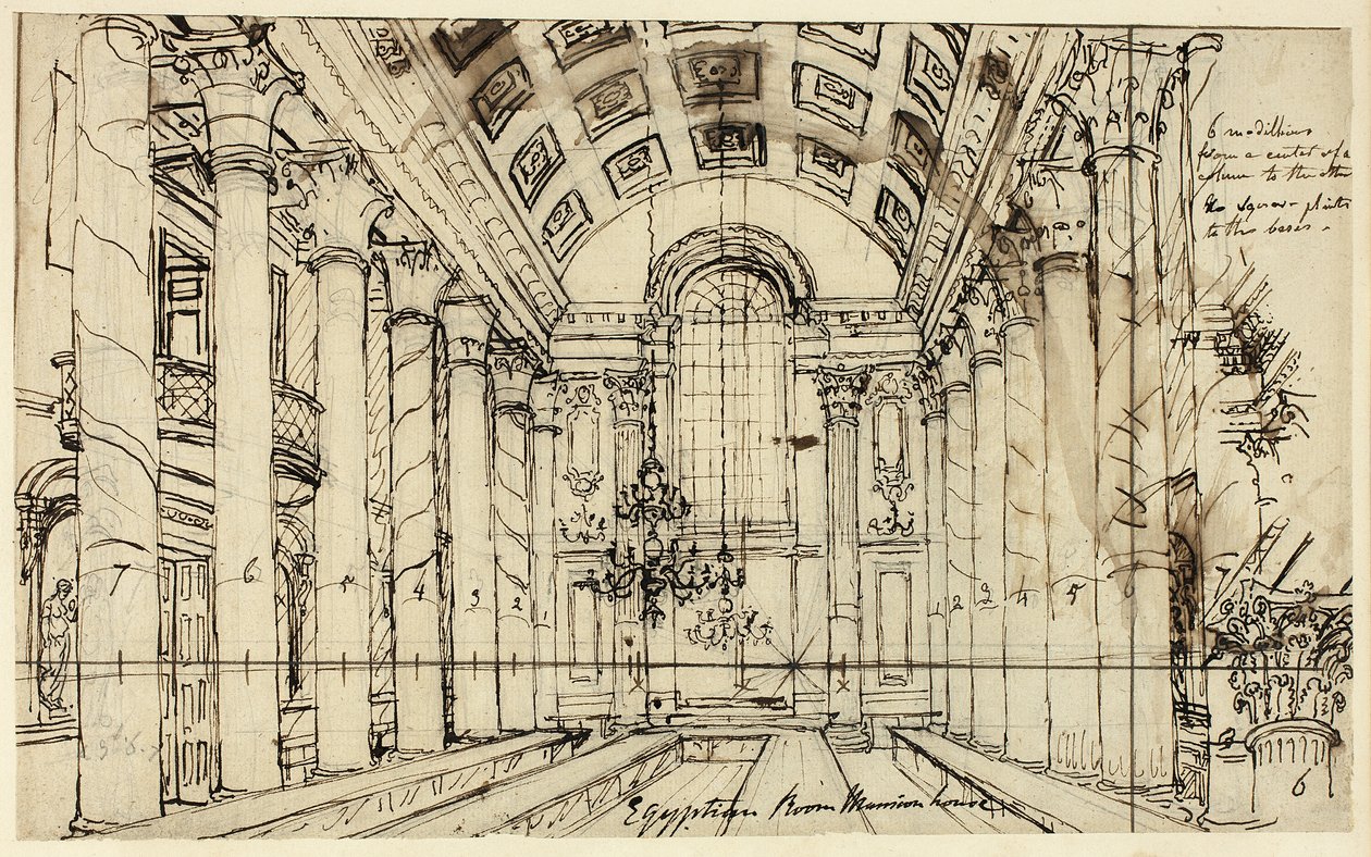 Undersøgelse for Egyptian Hall Mansion House, fra Microcosm of London af Augustus Charles Pugin