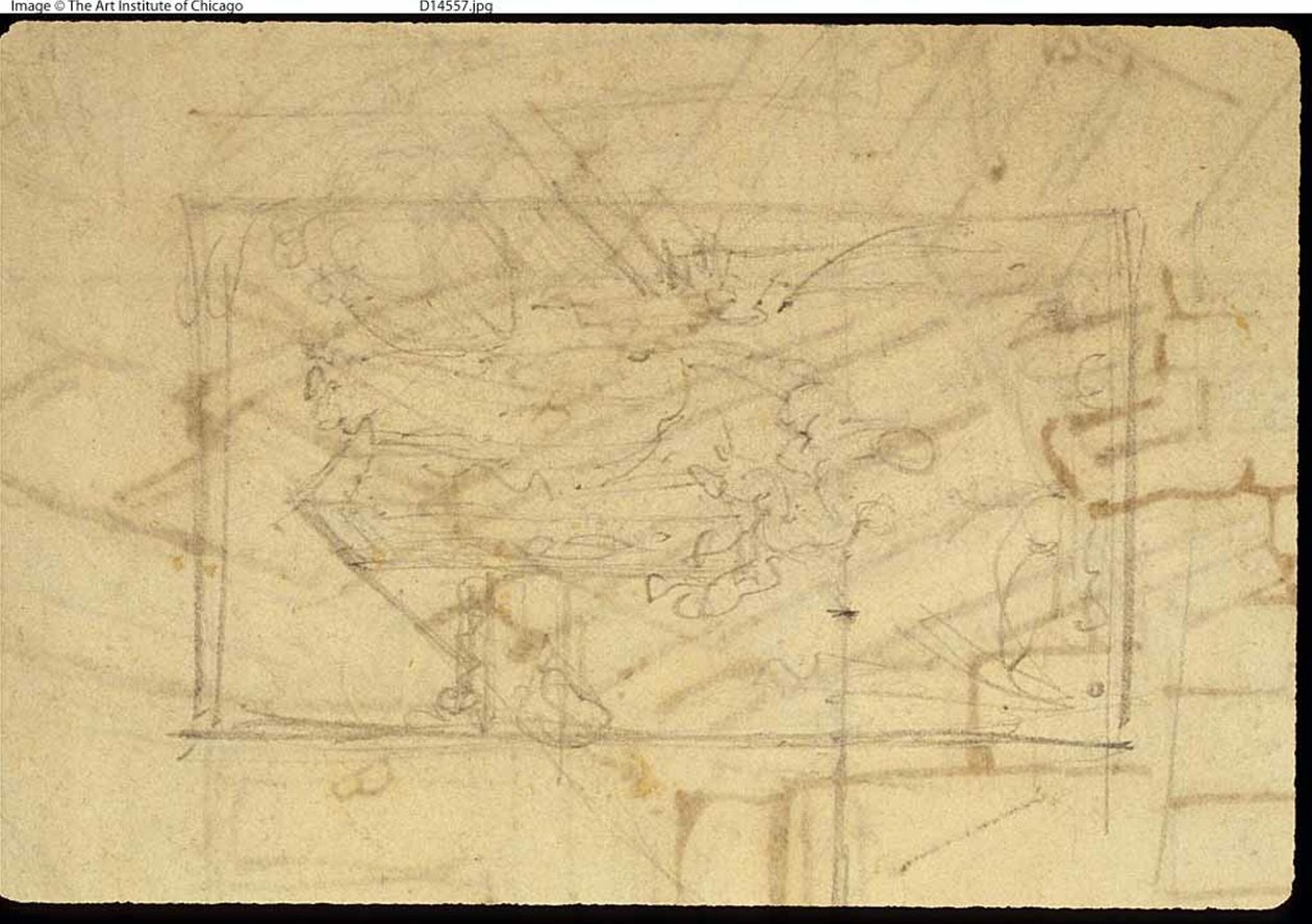 Studie til udstillingslokalet, Somerset House, fra Microcosm of London (recto); Skitse af et maleri: Madonna og barn (verso) af Augustus Charles Pugin