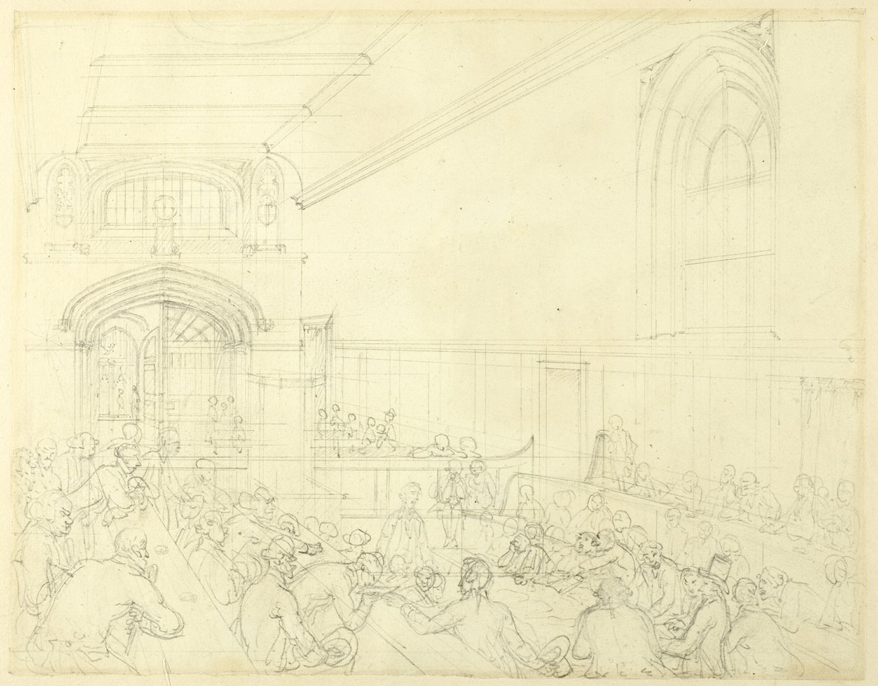 Studie for Guild Hall, undersøgelse af en konkursramt før hans kreditorer, fra Microcosm of London af Augustus Charles Pugin