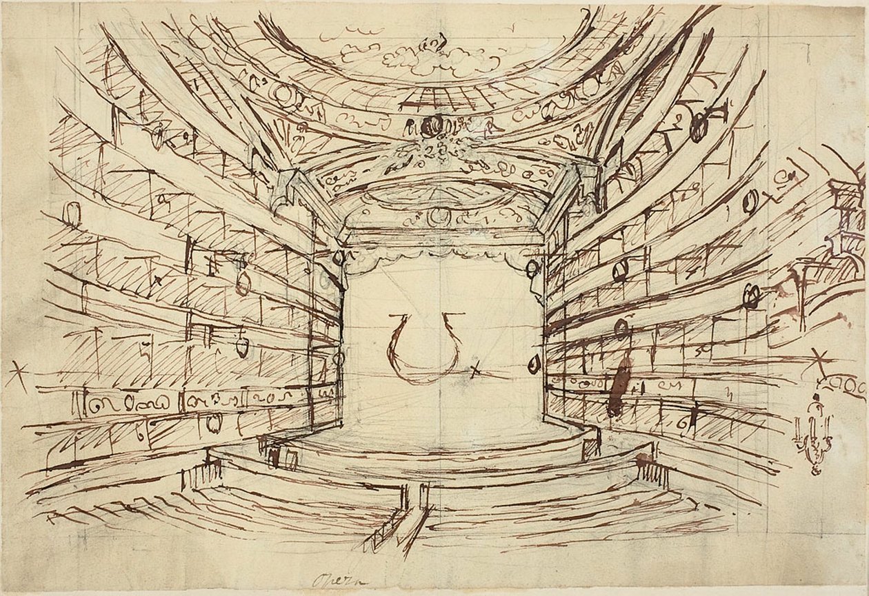 Studie for Opera House, fra Microcosm of London af Augustus Charles Pugin