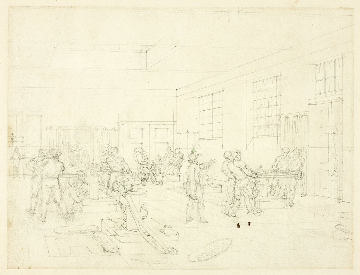 Studie til The Mint, fra Microcosm of London (recto); Skitse af gårdsplads (verso) af Augustus Charles Pugin