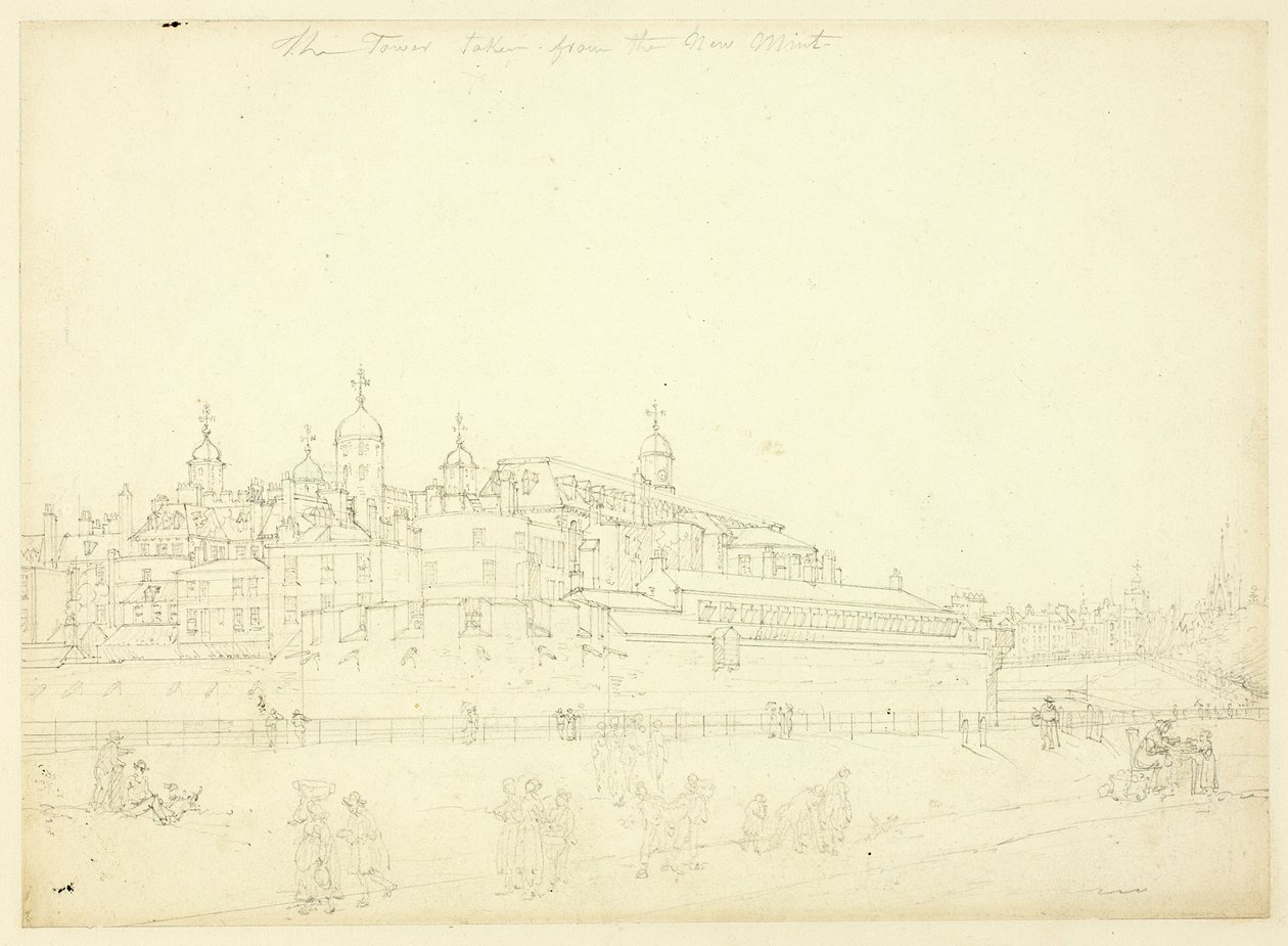 Studie til The Tower Taget fra New Mint, fra Microcosm of London af Augustus Charles Pugin