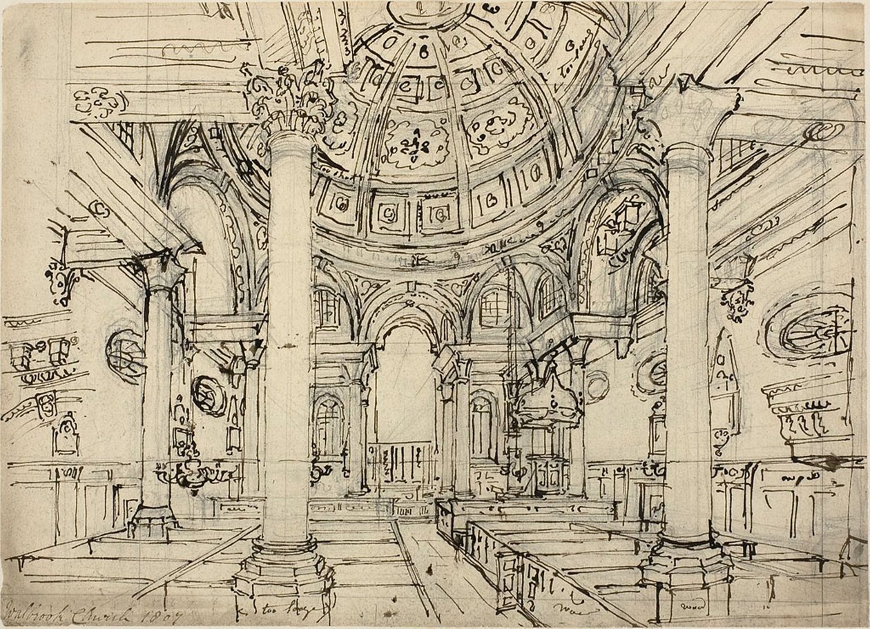 Studie for Walbrook Church (recto); Skitser af sejlbåde, mænd og joller (verso) af Augustus Charles Pugin