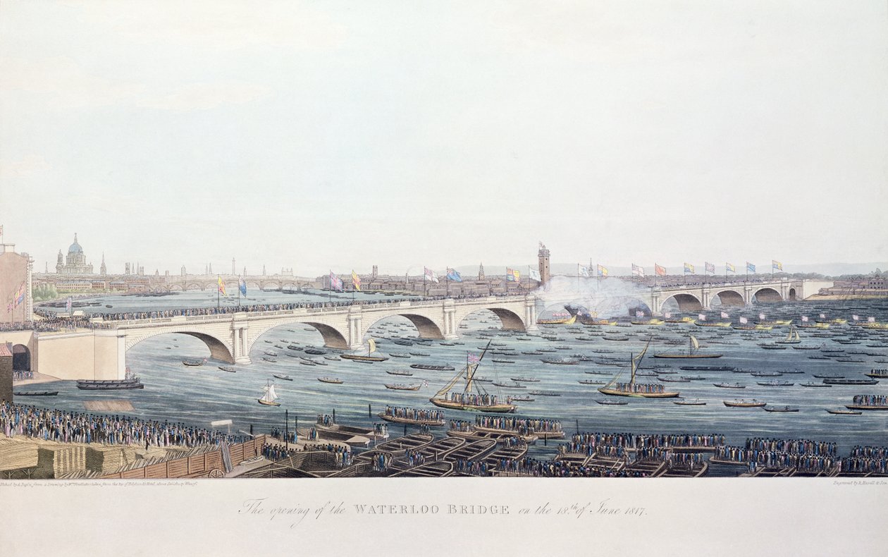 Åbningen af Waterloo-broen den 18. juni 1817, ætset af A. Pugin efter en tegning af W. Findlater, indgraveret af R. Havell und Son, 1818 (farvestik) af Augustus Charles Pugin