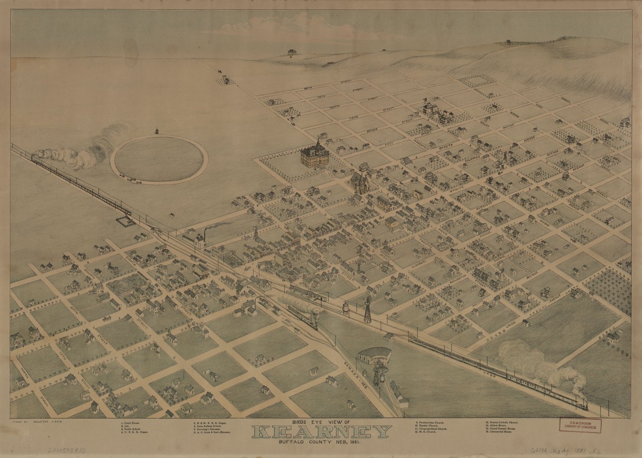 Fugleperspektiv af Kearney, Buffalo County, Neb. 1881 LOC 2010592833 af Augustus Koch