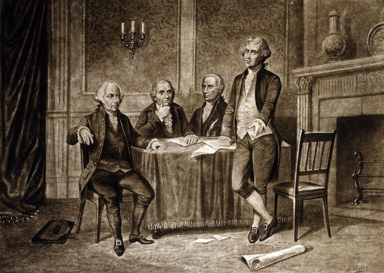 Lederne af den kontinentale kongres i 1775: John Adams, Robert Morris, Alexander Hamilton, Thomas Jefferson, tegning af Augustus Tholey (1894) af Augustus Tholey