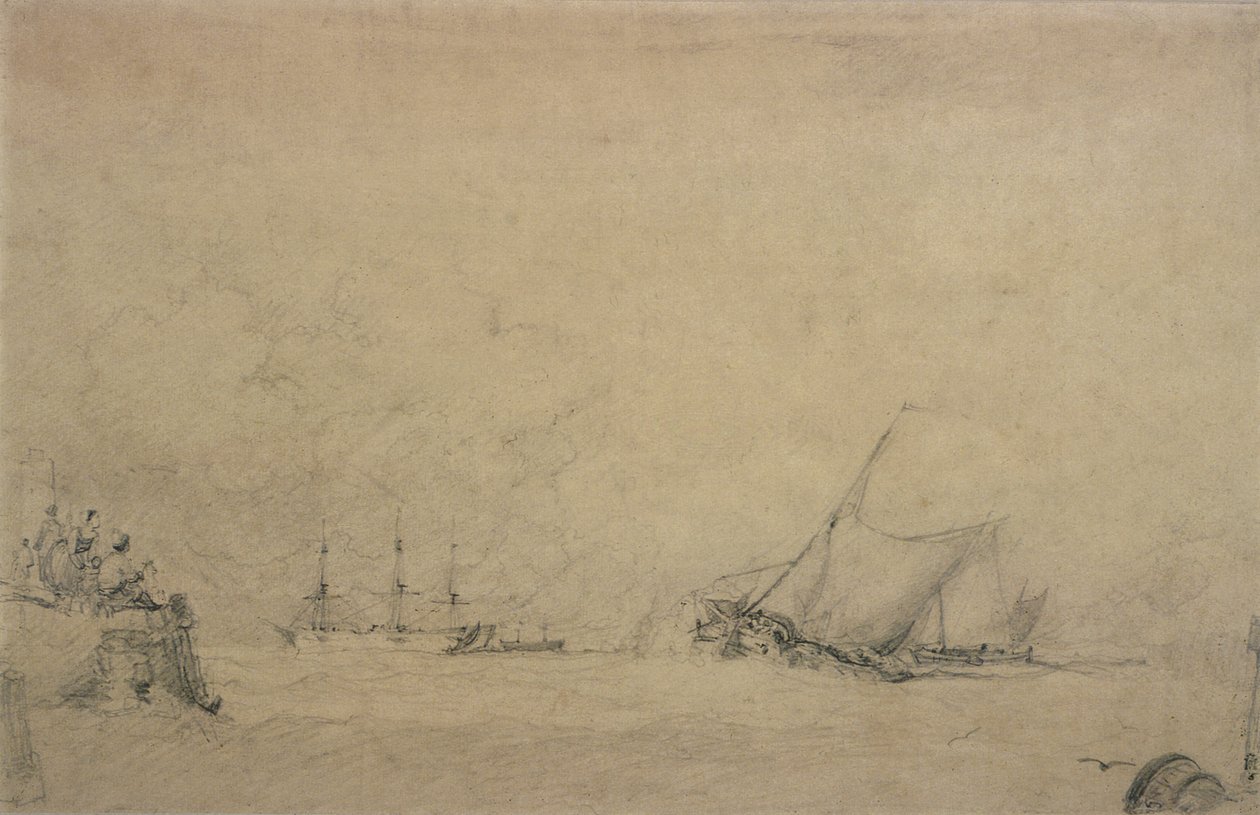 Lugger laver for munden af en havn (tegning) af Augustus Wall Callcott