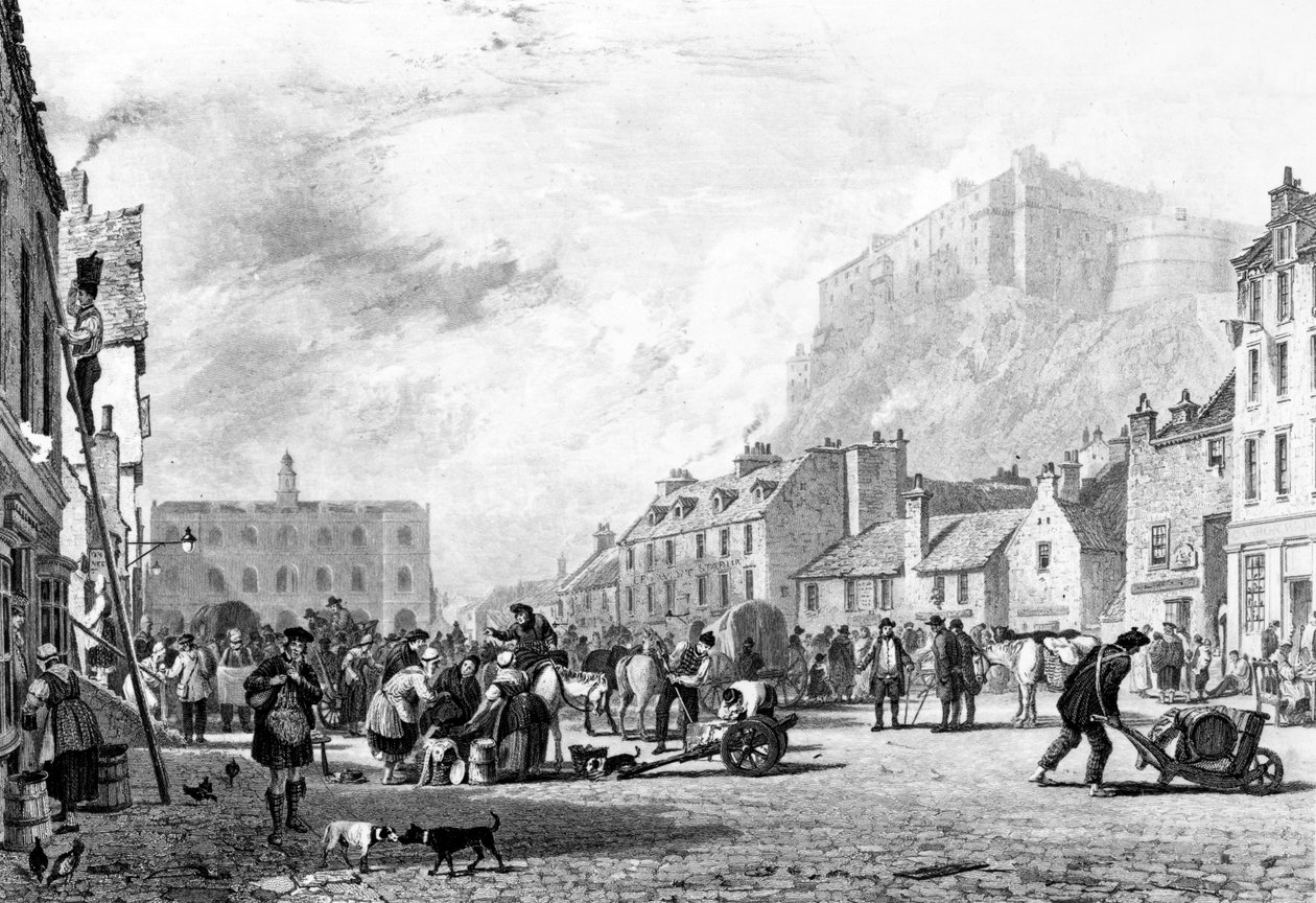 Slottet fra Grass Market, Edinburgh, ætset af George Cooke og Henry Le Keux, 1820 af Augustus Wall Callcott