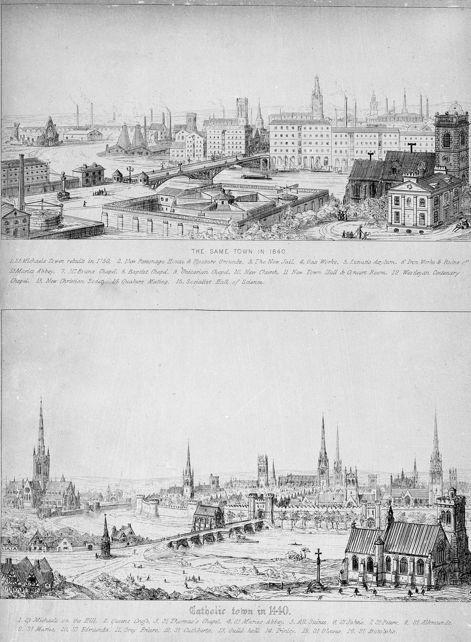 Katolsk by i 1440 og samme by i 1840 af Augustus Welby Northmore Pugin