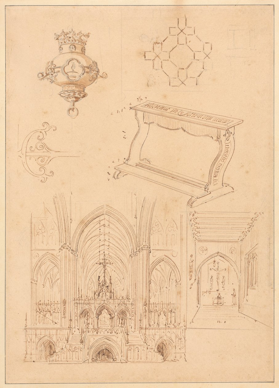 Design til gotisk udsmykning, en knæler og to skitser af det indre af gotiske kirker af Augustus Welby Northmore Pugin