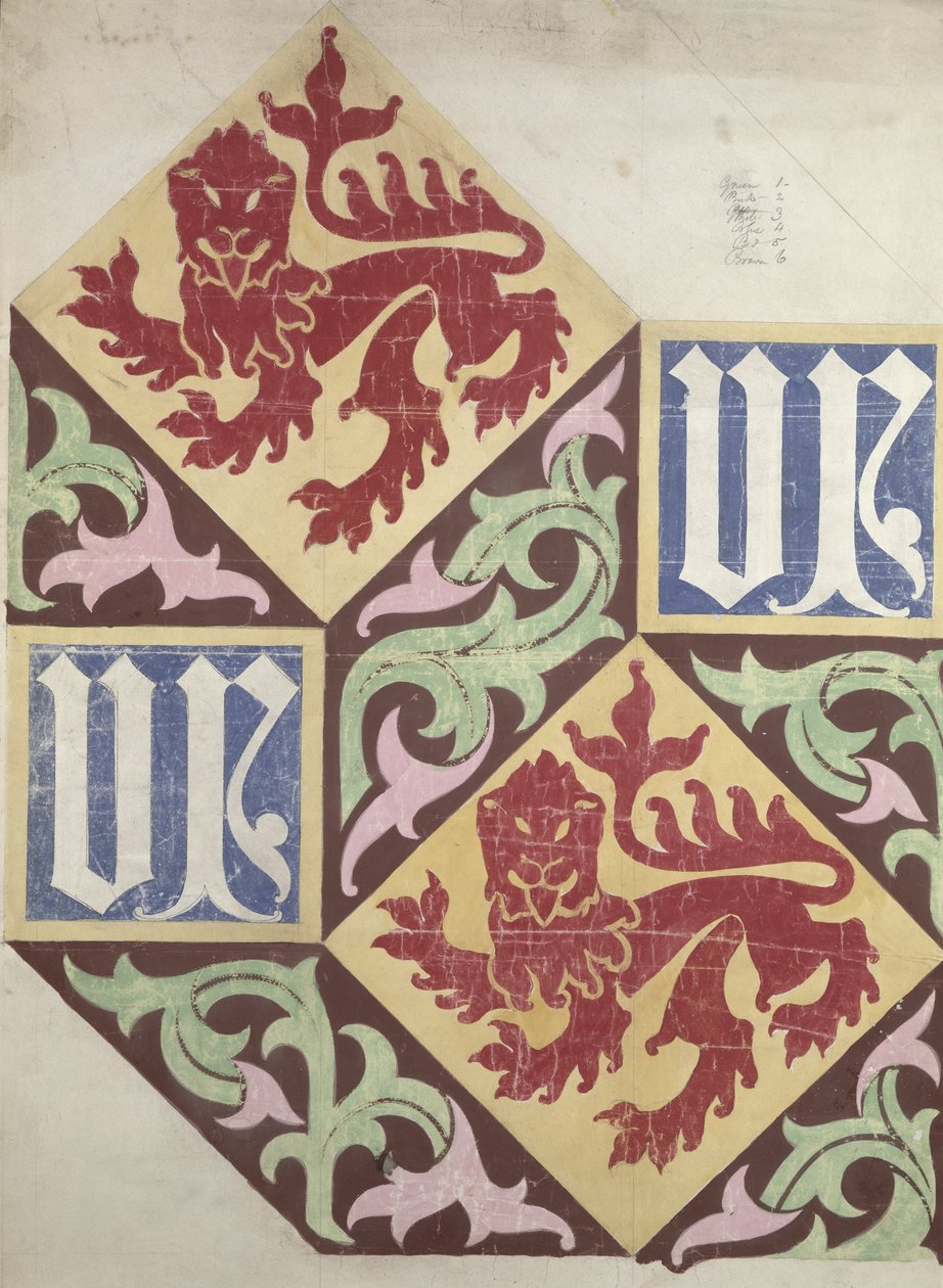 Gulvdesign til Houses of Parliament (gouache og blyant på papir) af Augustus Welby Northmore Pugin