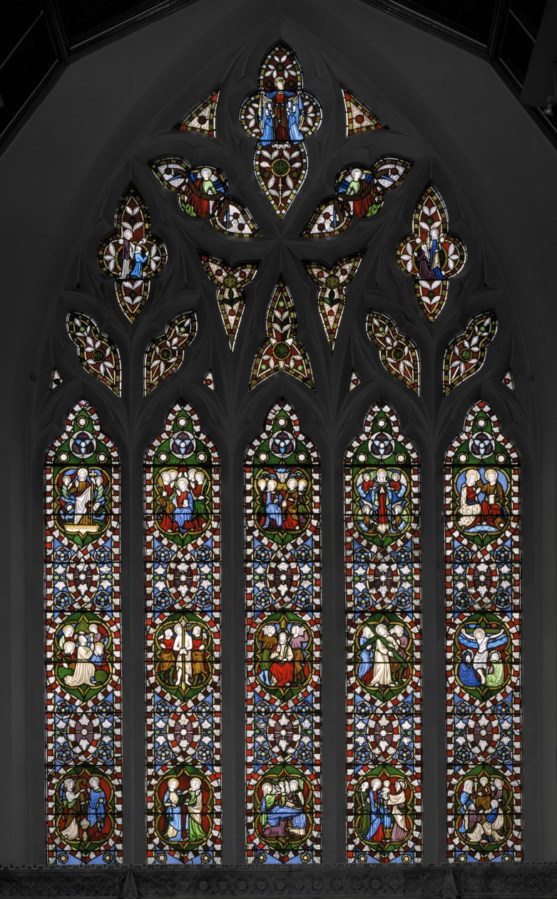 Rosenkransens mysterier, østvindue i kapellet, 1847 (glasmaleri) af Augustus Welby Northmore Pugin