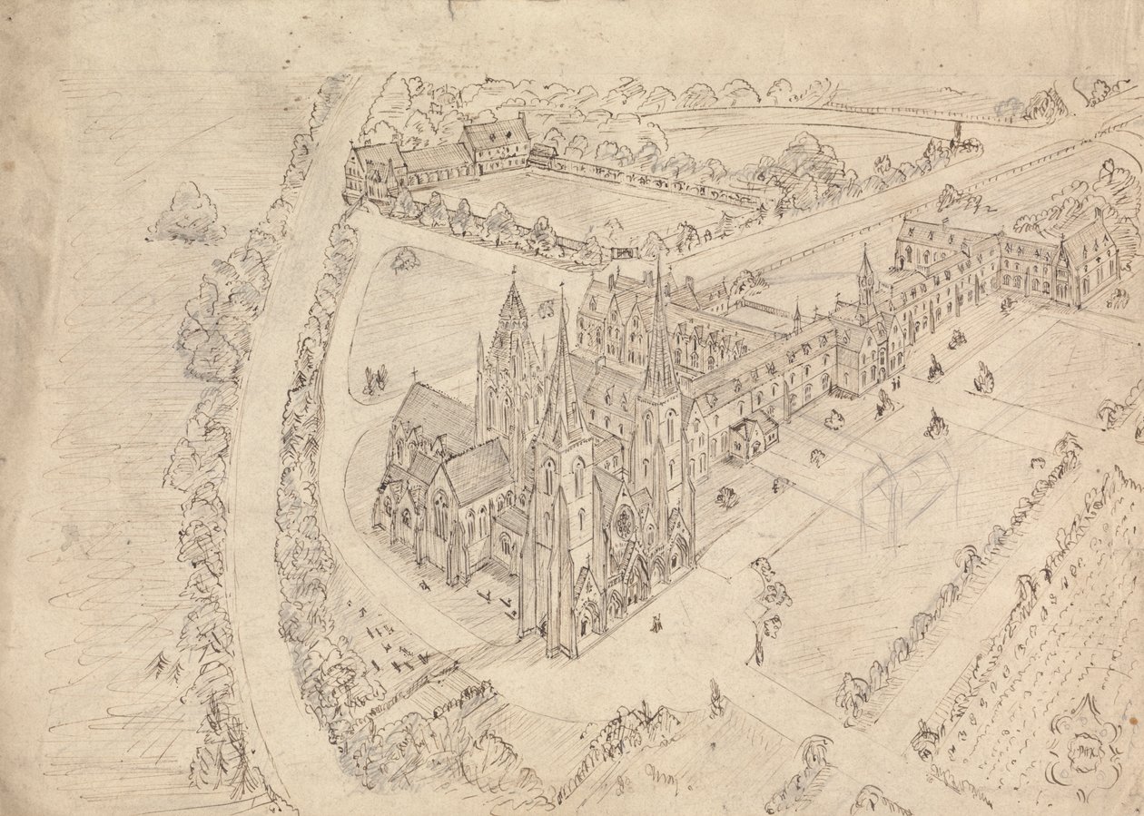Skitse af en gotisk kirke og et kloster af Augustus Welby Northmore Pugin