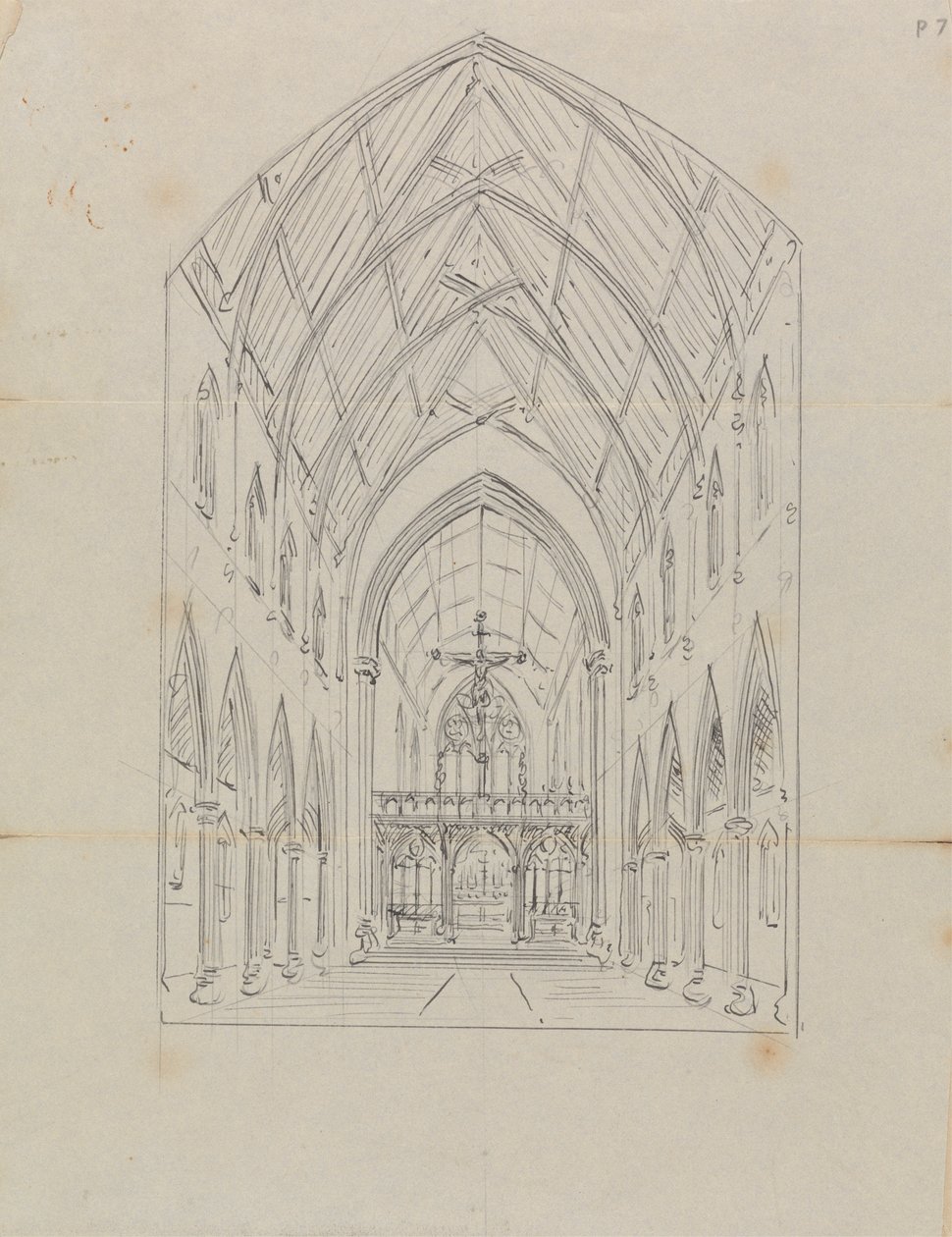Skitse af det indre af en gotisk kirke af Augustus Welby Northmore Pugin
