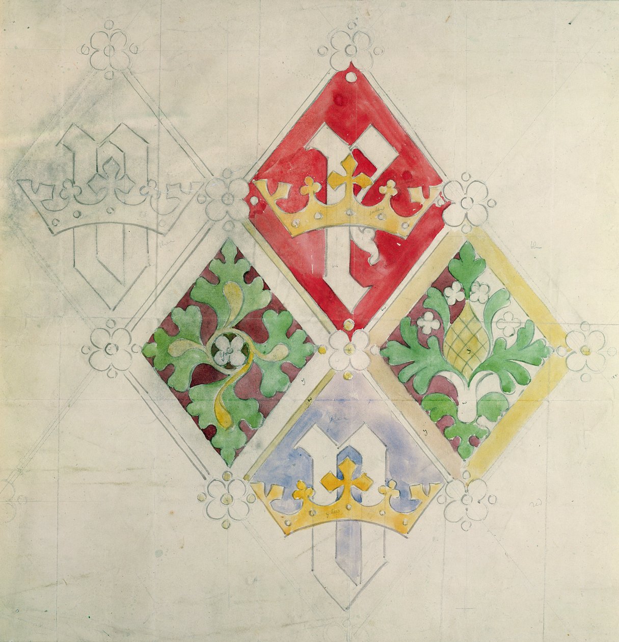 Glasmosaik vinduesdesign til Houses of Parliament (wc og blyant på papir) af Augustus Welby Northmore Pugin