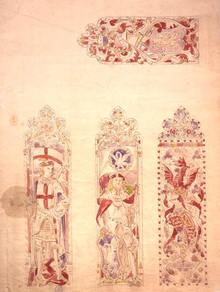 Glasmosaik vinduesdesign til Palace of Westminster (pen & blæk og akvarel på papir) af Augustus Welby Northmore Pugin