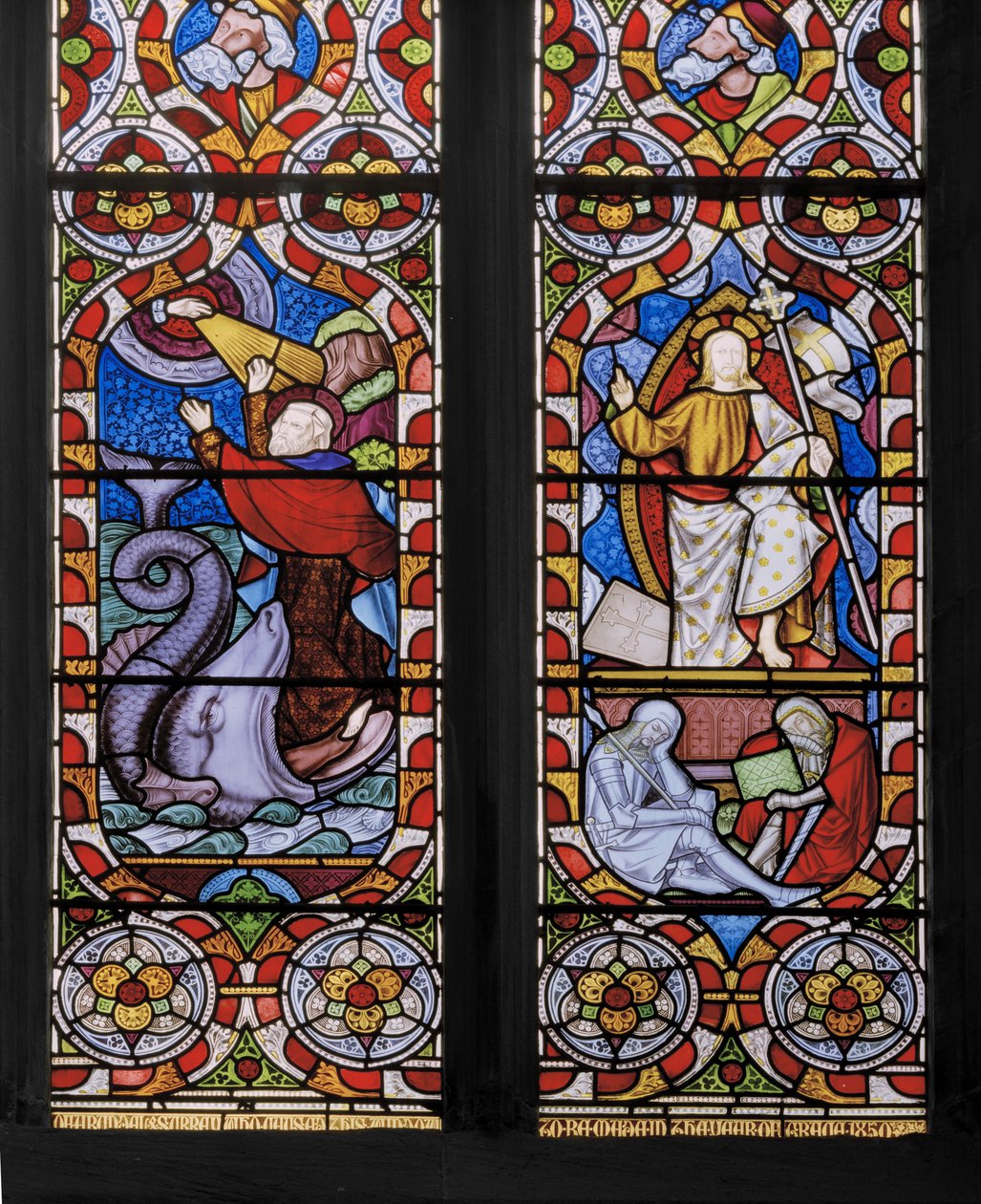 Typer og antityper: Jonas and the Whale, and the Risen Christ, detalje, 1850 (farvet glas) af Augustus Welby Northmore Pugin
