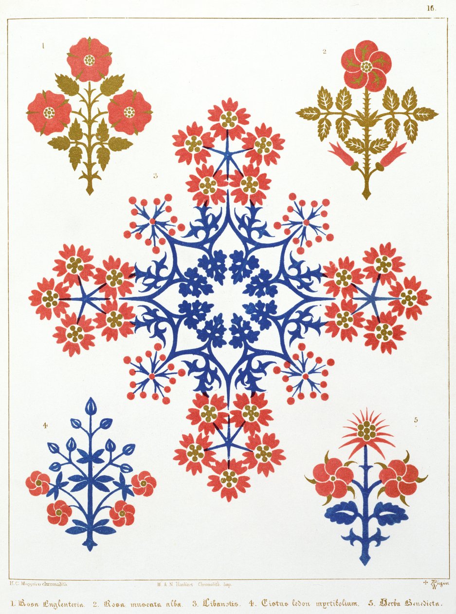 Tapetdesign af viol, iris og tulipaner, trykt af M. und N. Hanhart af Augustus Welby Northmore Pugin