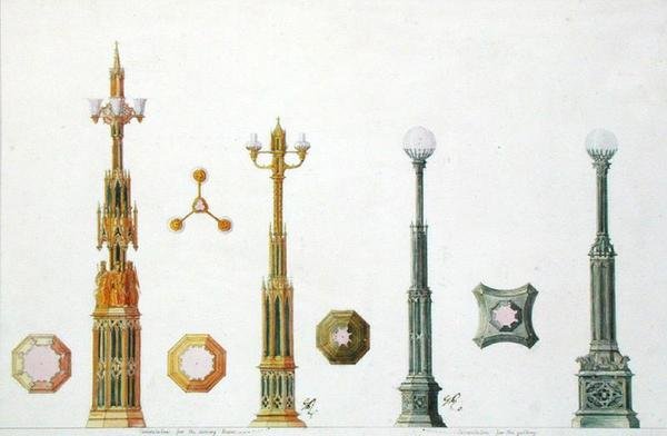 Design til kandelabre på Windsor Castle af Augustus Welby Pugin