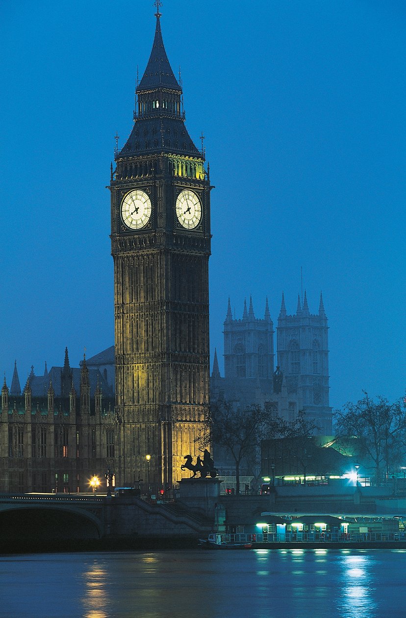 Natteudsigt over Big Ben på Themsen, London, England, Storbritannien af Augustus Welby Pugin