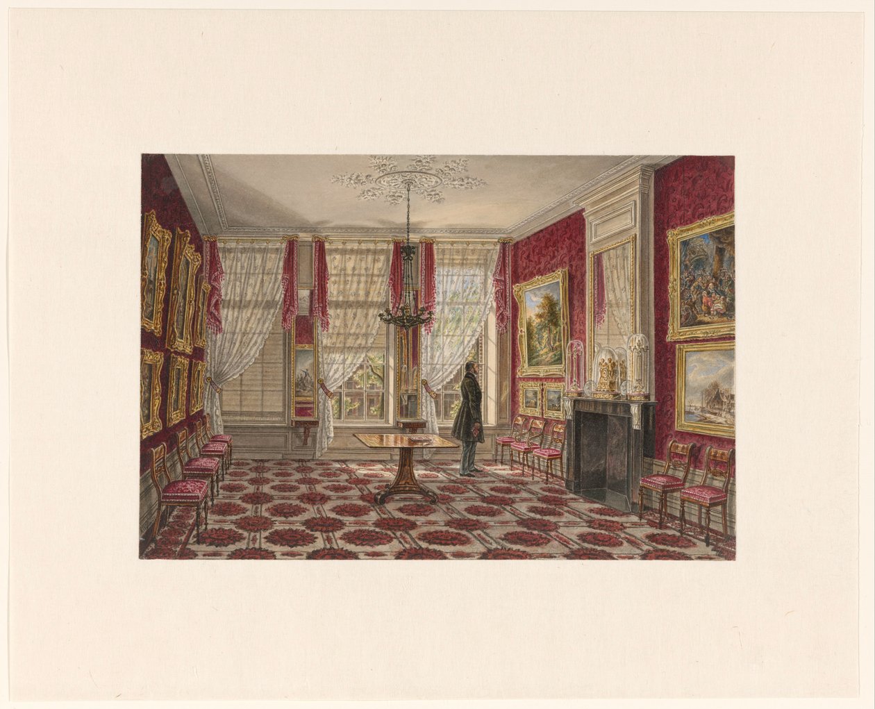 1800-tals interiør med malerier og stående figur af Augustus Wijnantz