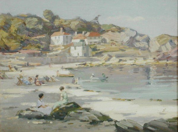 En Cornish Beach (olie på panel) af Augustus William Enness