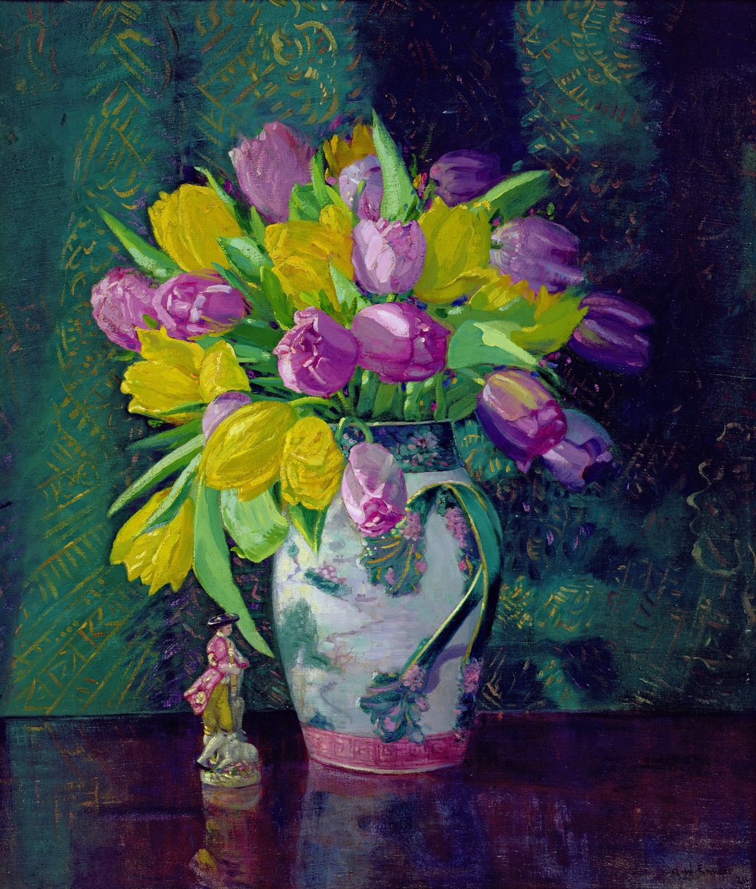 Gule og lilla tulipaner i vase af Augustus William Enness