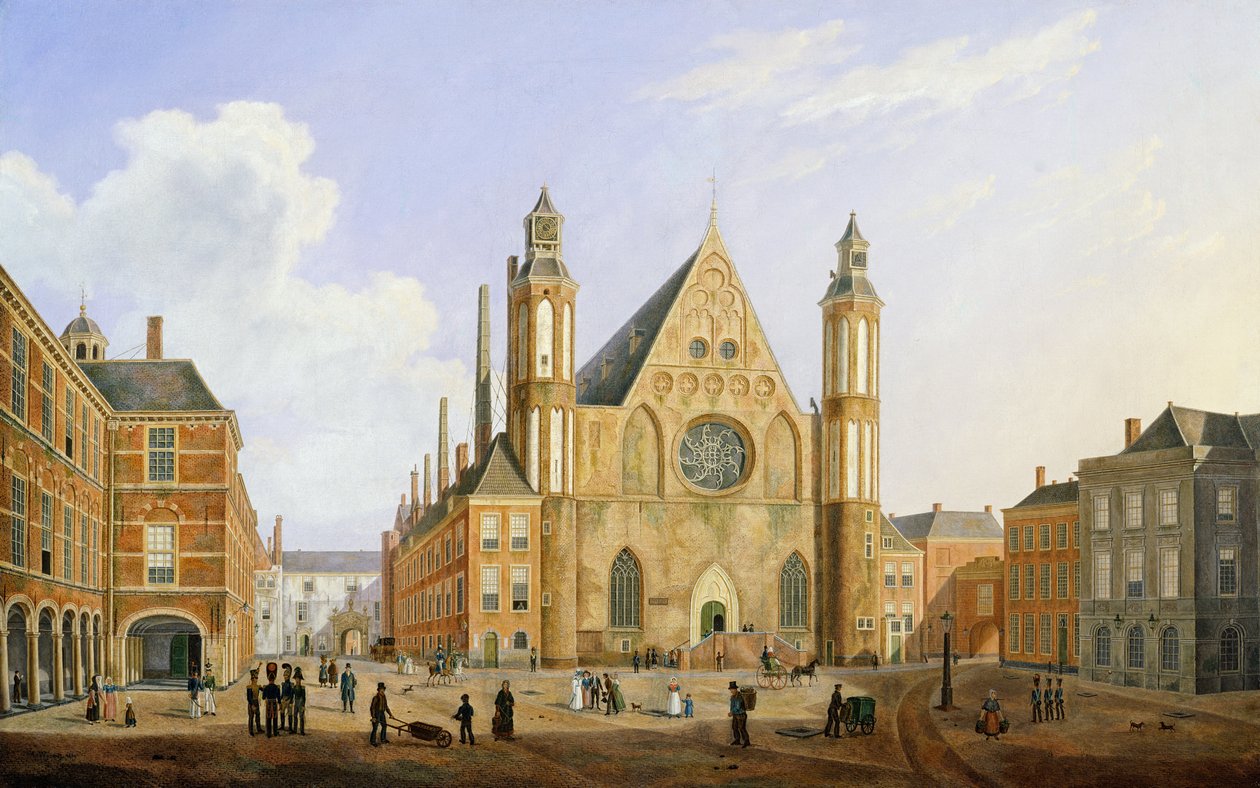 Binnenhof i Haag med udsigt over Ridderzaal med soldater og andre figurer i gården af Augustus Wynantz