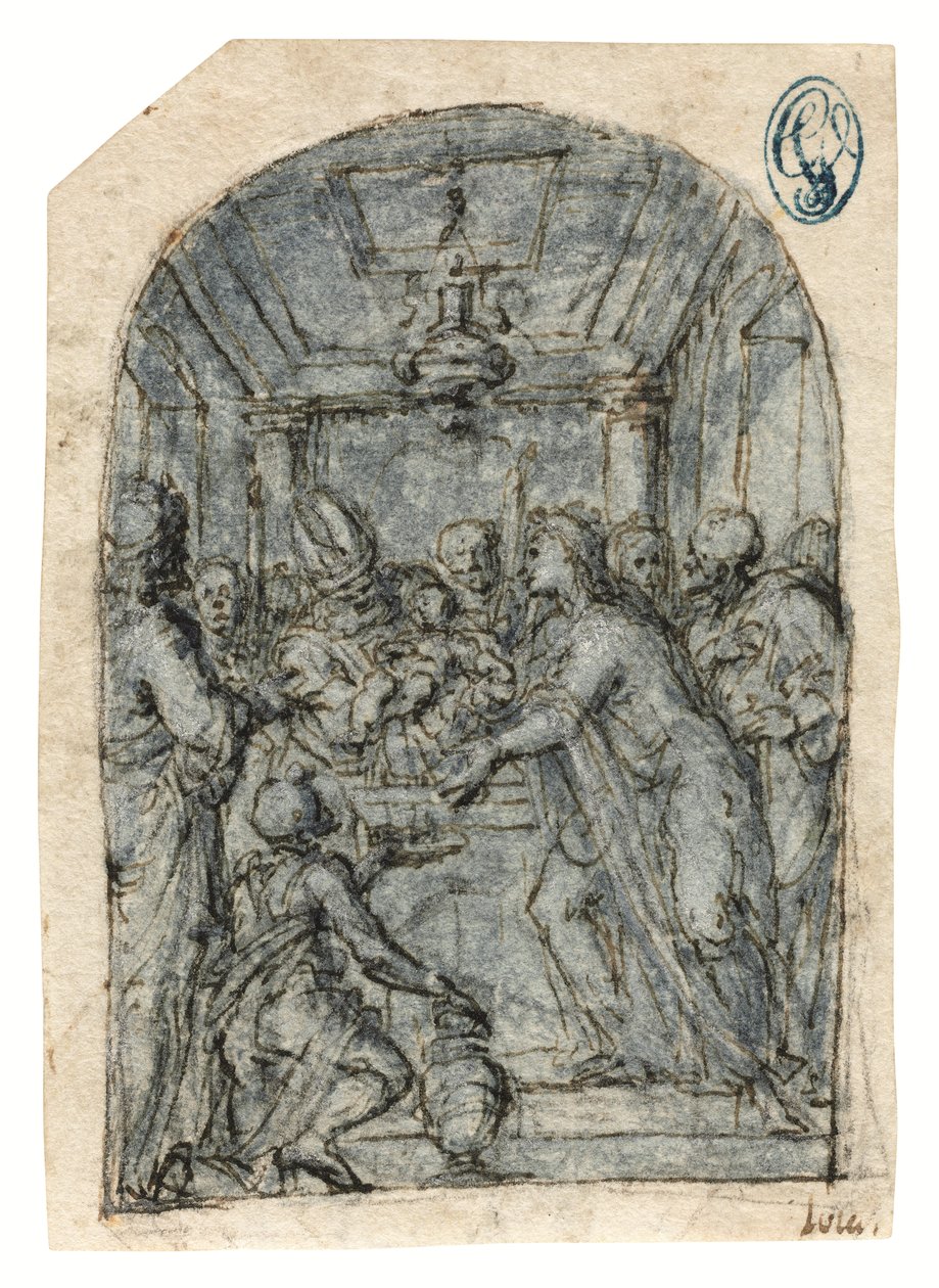 Præsentationen i templet (kridt med pen og blæk, lavering og hvid forhøjning på papir) af Aurelio (attr. to) Luini