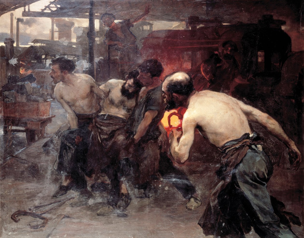 "Arbejdsulykke" En arbejder på en fabrik kommer til skade af en af maskinerne og transporterer af hans kollegaer (maling) af Aurelio Arteta Errasti