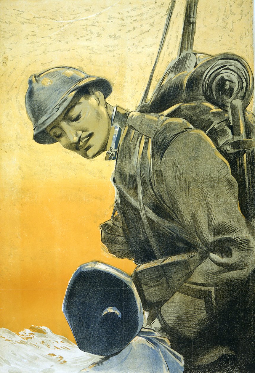 Italiensk plakat fra første verdenskrig viser en soldat, der kigger ned på sin lille søn. 